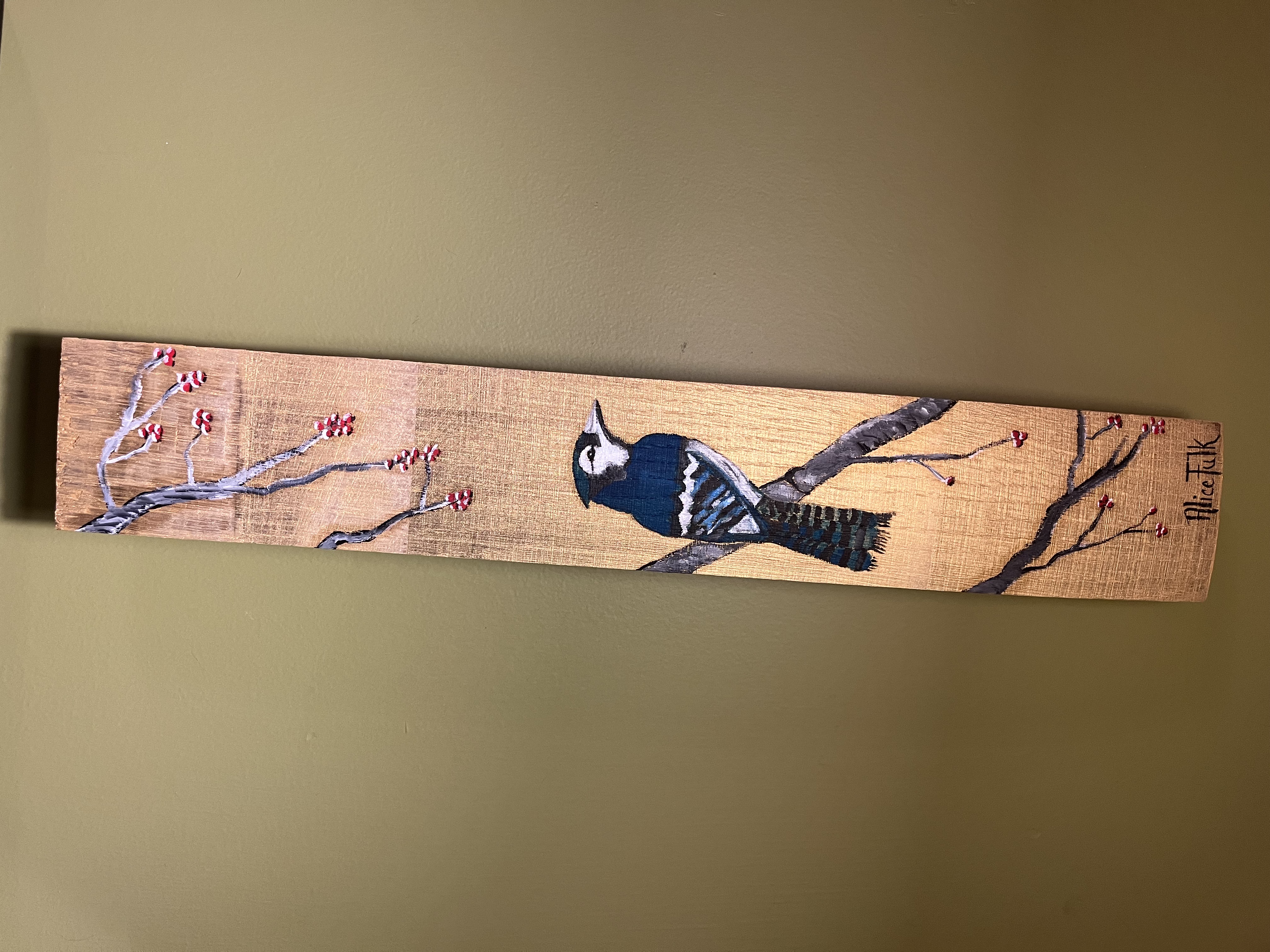Hand painted wine barrel stave of BLUEJAY