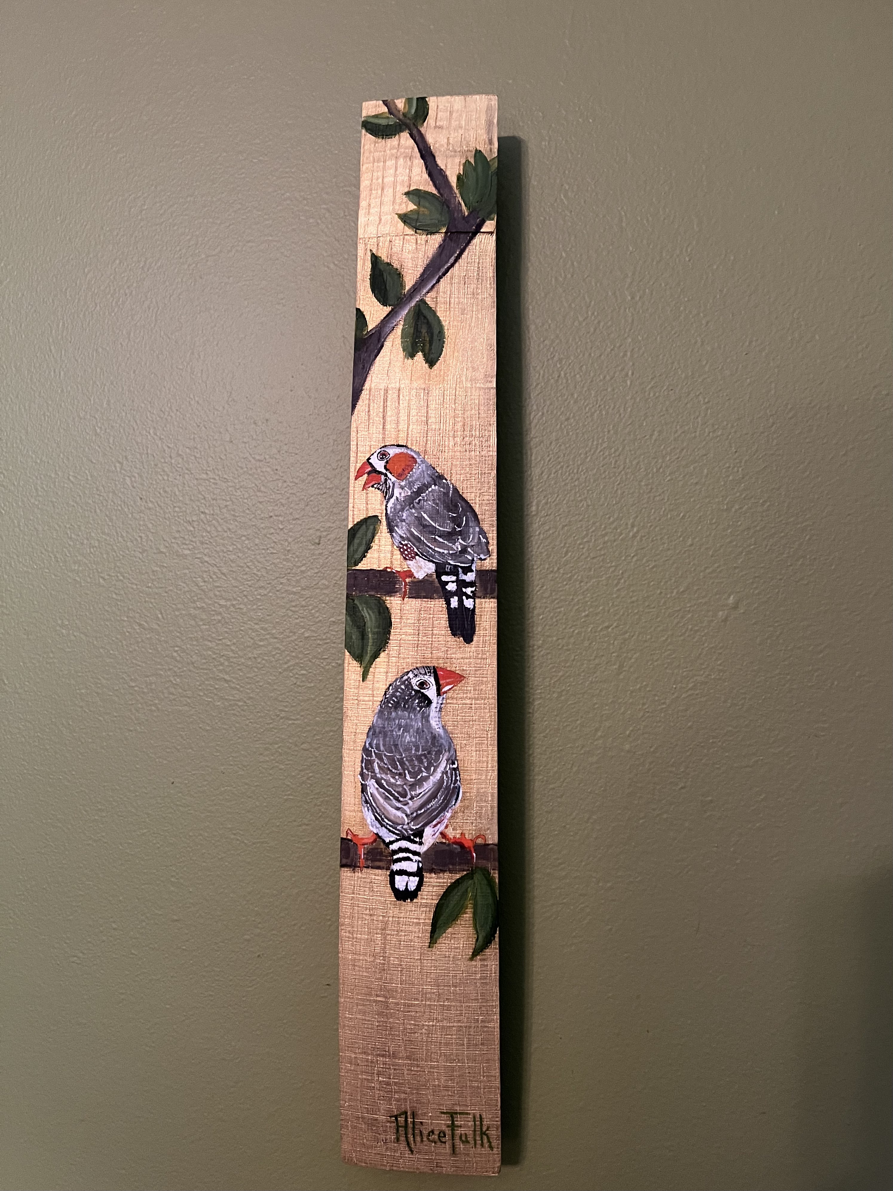 Hand painted wine barrel stave of ZEBRA FINCHES